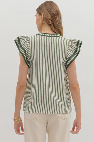 Stripe pattern flutter sleeve split V-neck top featuring contrast accent finish. Unlined. Woven. Non-sheer. Lightweight.