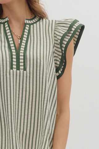 Stripe pattern flutter sleeve split V-neck top featuring contrast accent finish. Unlined. Woven. Non-sheer. Lightweight.
