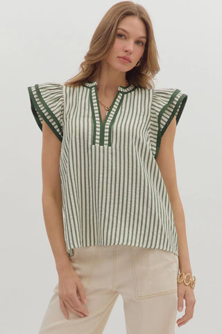 Stripe pattern flutter sleeve split V-neck top featuring contrast accent finish. Unlined. Woven. Non-sheer. Lightweight.
