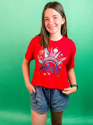 Red America Cropped Tee with Blue, Red, and White Iconic Graphics