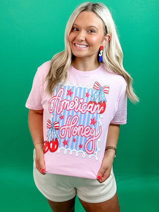Pink American Honey Tee With Bows, Cherries, and Sripes