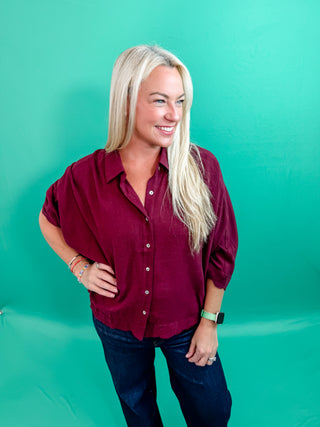 Maroon Button-Down Blouse, with 3/4 Sleeves, Scallop Edge Trim, Collar and Linen Material