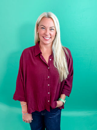 Maroon Button-Down Blouse, with 3/4 Sleeves, Scallop Edge Trim, Collar and Linen Material