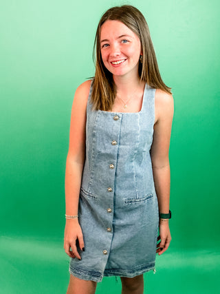 Mini Denim Dress with Gold Button Closure, Sleeveless Cut, and Square Neck