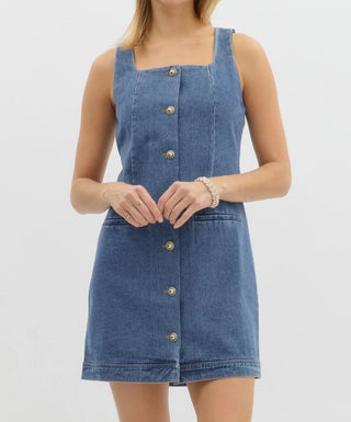 Mini Denim Dress with Gold Button Closure, Sleeveless Cut, and Square Neck