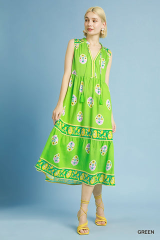 Green Midi Dress with Tie V-Neck Closure, Tiered Skirt, and Colorful Pattern