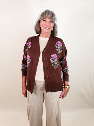 Brown Cardigan with Purple Floral Design featuring a Cozy Knit Blend, Front Button-Down with Tortoiseshell-Style Buttons, and Long Sleeves with Ribbed Cuffs