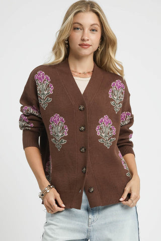 Brown Cardigan with Purple Floral Design featuring a Cozy Knit Blend, Front Button-Down with Tortoiseshell-Style Buttons, and Long Sleeves with Ribbed Cuffs