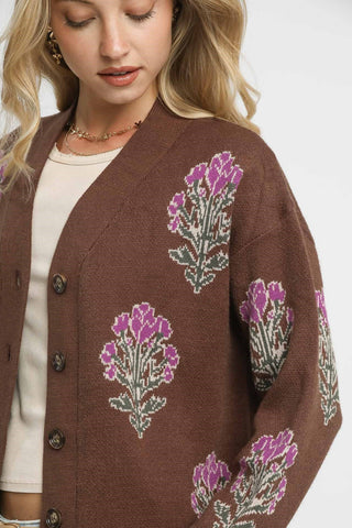 Brown Cardigan with Purple Floral Design featuring a Cozy Knit Blend, Front Button-Down with Tortoiseshell-Style Buttons, and Long Sleeves with Ribbed Cuffs