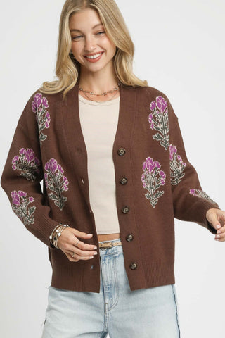 Brown Cardigan with Purple Floral Design featuring a Cozy Knit Blend, Front Button-Down with Tortoiseshell-Style Buttons, and Long Sleeves with Ribbed Cuffs