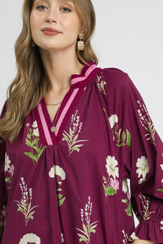 Maroon Floral Tunic Dress with Contrast Trim with 3/4 Sleeves, A-Line Silhouette, and Contrast V-Neckline