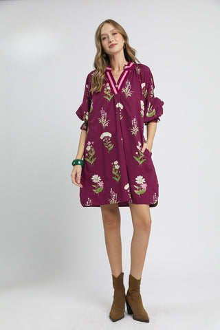 Maroon Floral Tunic Dress with Contrast Trim with 3/4 Sleeves, A-Line Silhouette, and Contrast V-Neckline