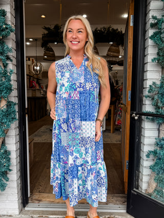 Blue and White Boho Midi Sleeveless Dress with Patchwork Pattern, V-Neck, Tiered Skirt