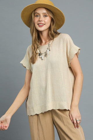 Beige Linen Blend Top with Scallop-edge Sleeves and Hem, Classic Round Neckline and Breezy Silhouette.