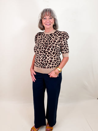Leopard Knit Top with Ribbed Hemline and Neckline and Pleated Puff Sleeves