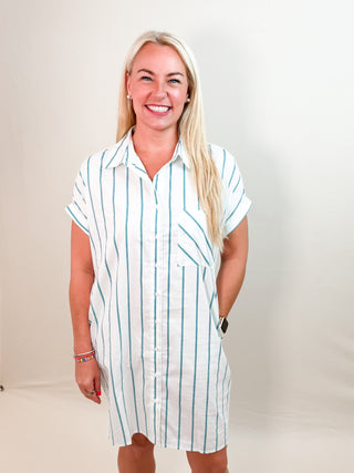 Green and White Striped Button Up Mini Dress with Collar, Pockets, and Cuffed Short Sleeves