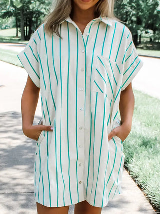 Green and White Striped Button Up Mini Dress with Collar, Pockets, and Cuffed Short Sleeves