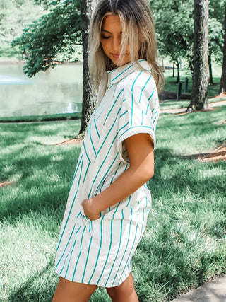 Green and White Striped Button Up Mini Dress with Collar, Pockets, and Cuffed Short Sleeves
