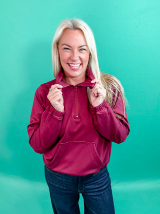 Burgundy Half-Zip, Pullover Sweatshirt, with Front Pocket and Luxeknit Material