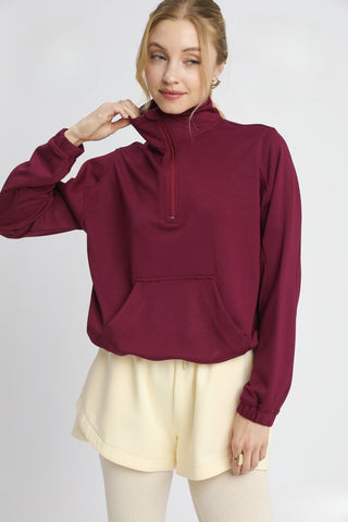Burgundy Half-Zip, Pullover Sweatshirt, with Front Pocket and Luxeknit Material