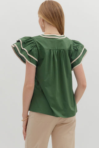 Solid flutter sleeve mutlicolor accent V-neck top featuring embroidered applique at front. Unlined. Woven. Non-sheer. Lightweight.