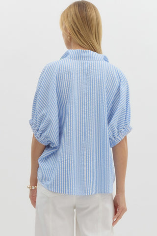 Blue and White Stripe Top with High Neck Collar, Contrast Border Trim, and Elasticated Sleeve Bands