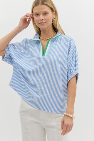 Blue and White Stripe Top with High Neck Collar, Contrast Border Trim, and Elasticated Sleeve Bands