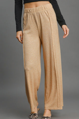 Beige Soft Knit Pants with Elastic Waistband, Wide Leg fit, and Front Seam