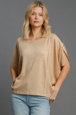 Beige Soft Knit Top with Short Slit Sleeves, Oversized Fit, and Front Seams