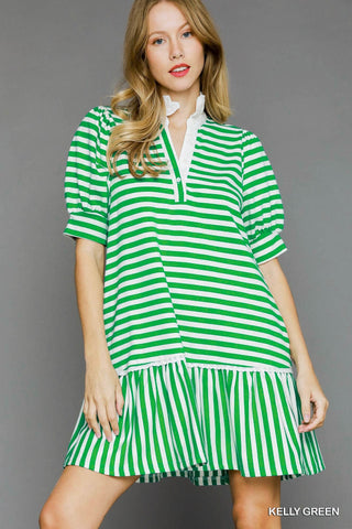 green and white striped dress with a notched neckline, puff sleeves, and a tiered ruffle hem.