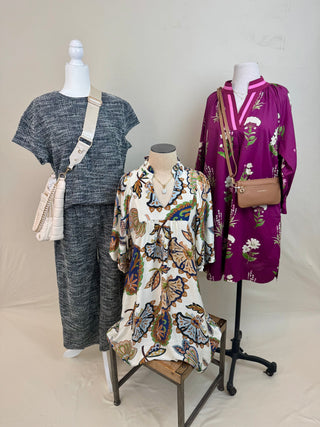 Coco Tweed Set, Aurelia Tunic Dress, and Paisley Mini Dress