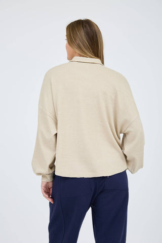 COLLARED SPLIT NECK BUTTON DOWN CHUNKY BUTTON EXTENDED SHOULDER LONG SLEEVES RELAXED FIT RAW EDGE