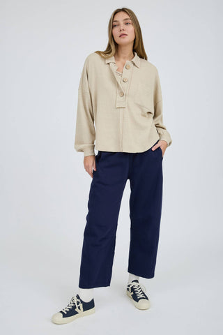 COLLARED SPLIT NECK BUTTON DOWN CHUNKY BUTTON EXTENDED SHOULDER LONG SLEEVES RELAXED FIT RAW EDGE