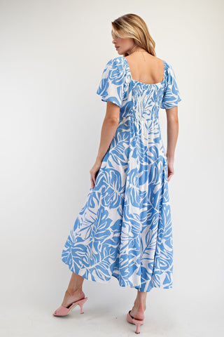 Blue and White Tropical Pattern Midi Dress with Pockets, Smocked Back and Flutter Sleeves