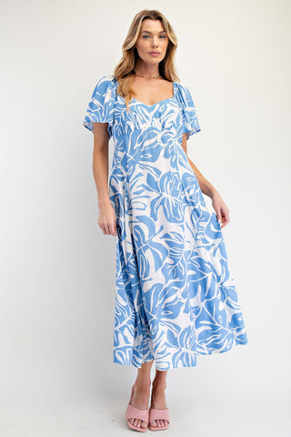 Blue and White Tropical Pattern Midi Dress with Pockets, Smocked Back and Flutter Sleeves