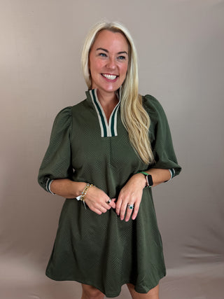 High Neck Jacquard Mini Dress with 3/4 length puff sleeves, High collar with contrast trim, and pockets. Unlined.