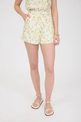 HIGH WAIST BACK ELASTIC WAIST DETAIL PLEATING DETAIL DAISY FLORAL PATTERN LINEN BLEND LINED MINI SHORTS