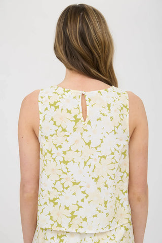 ROUND NECKLINE SLEEVELESS BACK BUTTON CLOSURE DETAIL SLIGHTLY CROPPED NOT LINED DAISY FLORAL PATTERN LINEN BLEND WOVEN TOP