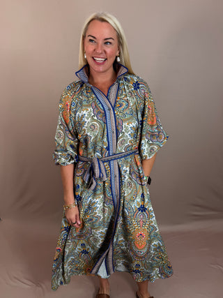 Paisley Mixed Print Belted Midi Shirt Dress with Detachable Mixed Print Tie Belt, Long Sleeves, and Contrast Piping