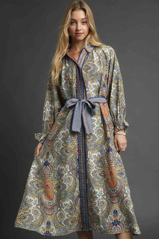 Paisley Mixed Print Belted Midi Shirt Dress with Detachable Mixed Print Tie Belt, Long Sleeves, and Contrast Piping