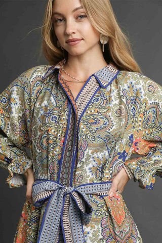 Paisley Mixed Print Belted Midi Shirt Dress with Detachable Mixed Print Tie Belt, Long Sleeves, and Contrast Piping