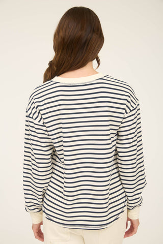 ROUND NECK HENLEY NECKLINE LONG SLEEVES DROP SHOULDER U HEM STRIPE PATTERN KNIT TOP NOT LINED