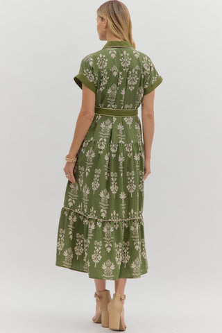 Botanical pattern faux roll-up sleeve band midi dress featuring striped accent piping trim inset. Collar button closure at front with removable belt. Side pockets. Lined. Woven. Non-sheer. Lightweight.