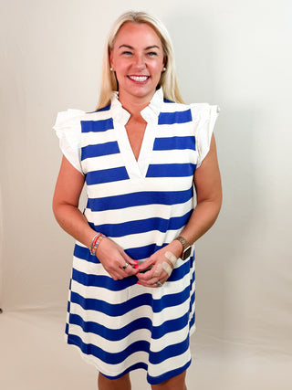 Blue and White Striped Mini Dress with V-Neck Split Neckline, Flutter Cap Sleeves, and Horizontal Stripe Pattern