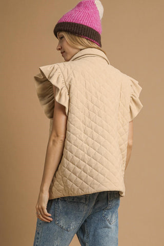Corduroy Quilted Ruffle Sleeve Vest with Diamond quilt pattern, Ruffle cap sleeves, Front snap button closure, and Side slip pockets. Lined