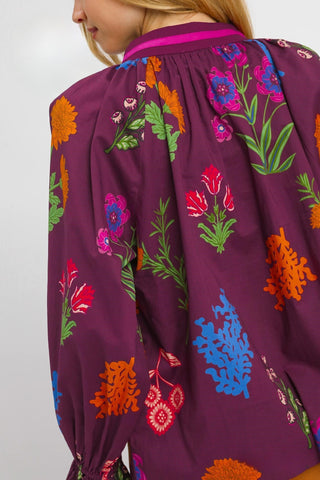 Floral Print V Neck Open Collar Top with Three Quarter Puff Sleeves and Contrast Border Trim