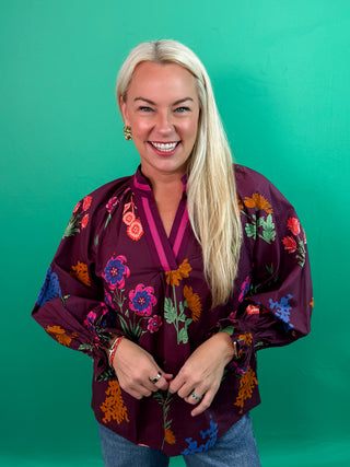 Floral Print V Neck Open Collar Top with Three Quarter Puff Sleeves and Contrast Border Trim