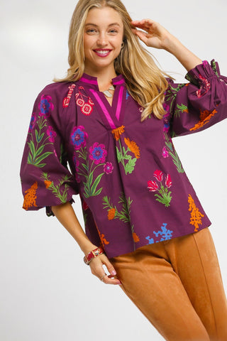 Floral Print V Neck Open Collar Top with Three Quarter Puff Sleeves and Contrast Border Trim