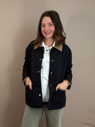 Black Long Sleeve Contrast Lapel Collar Quilted Puffer Work Jacket