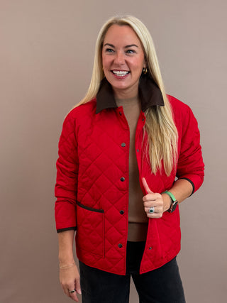 Red Long Sleeve Contrast Lapel Collar Quilted Puffer Work Jacket